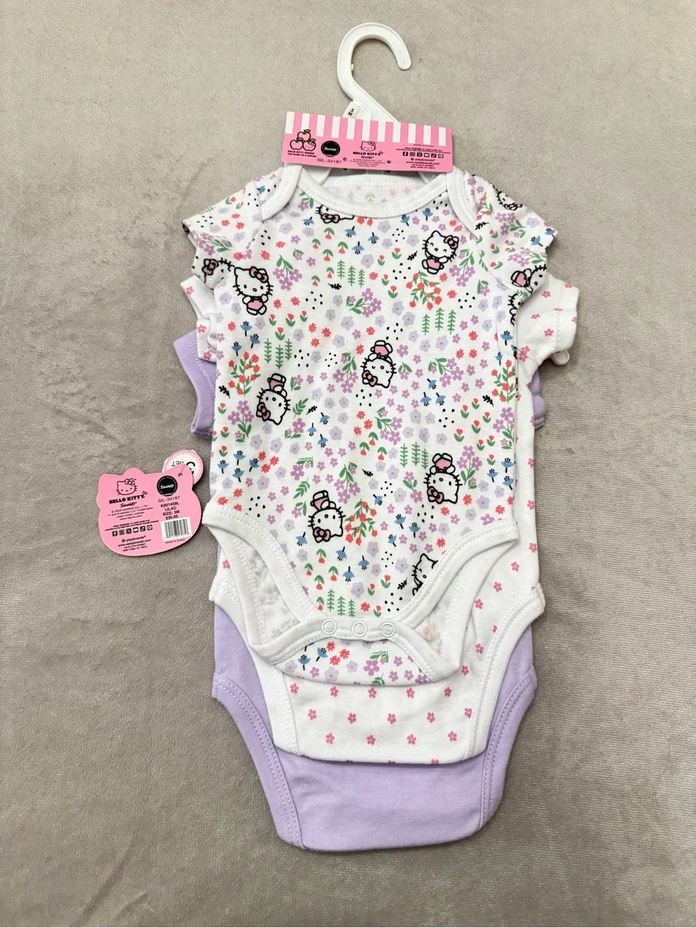 NWT Hello Kitty Sanrio Baby Bodysuits 3 Pack Lilac Purple Floral Set 3M